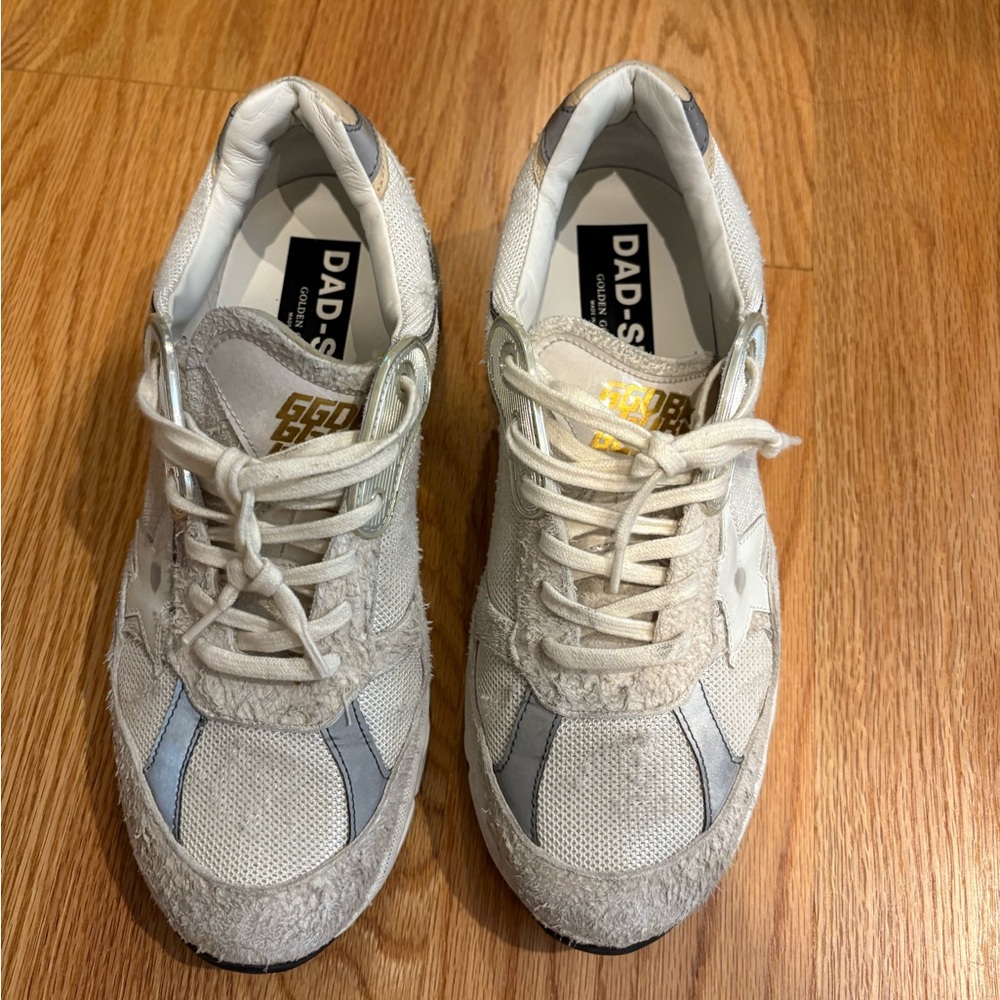 Golden Goose White and Silver Sneakers